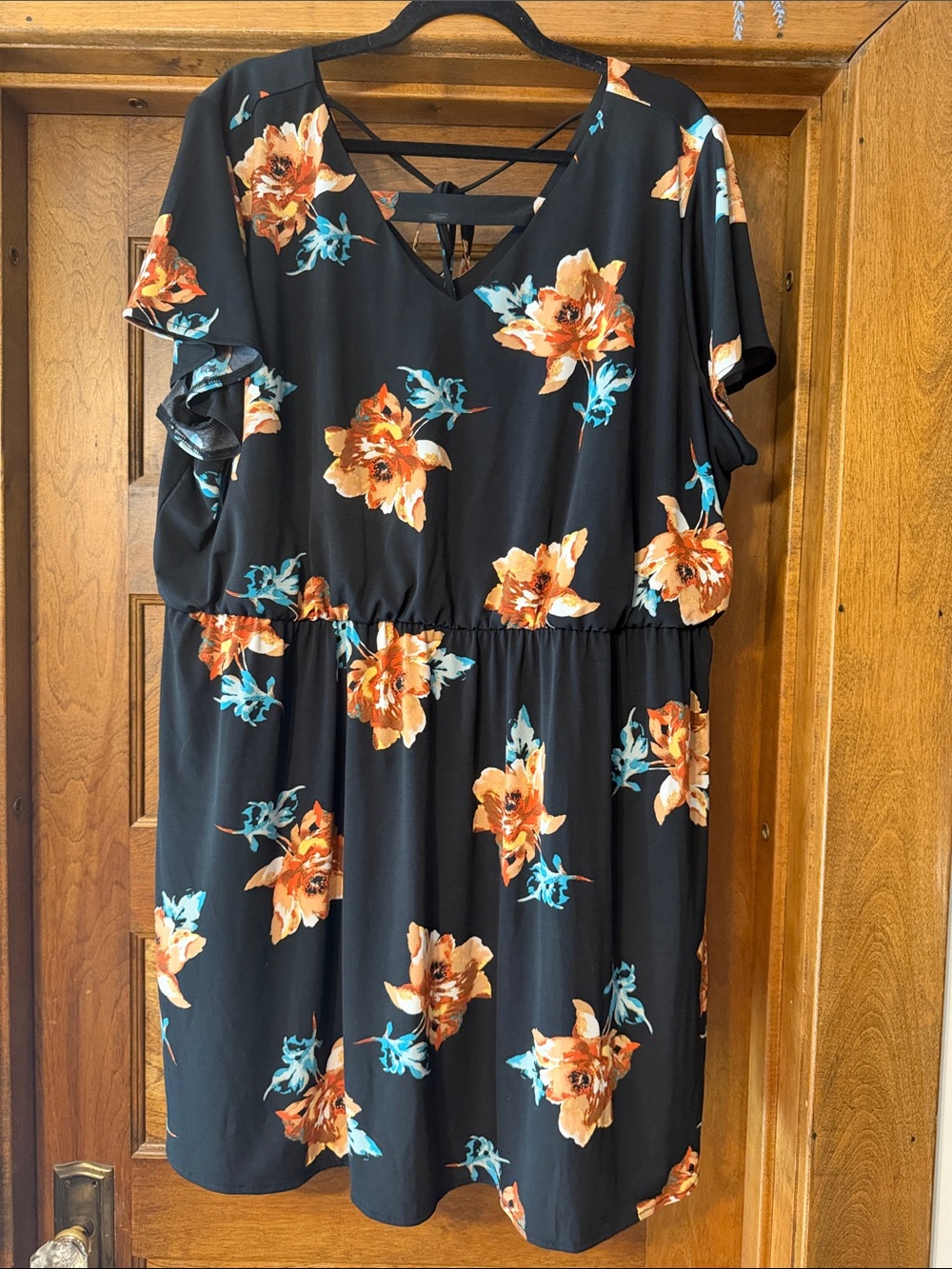 Maurices Black Mini Dress with Orange and Teal Floral Print